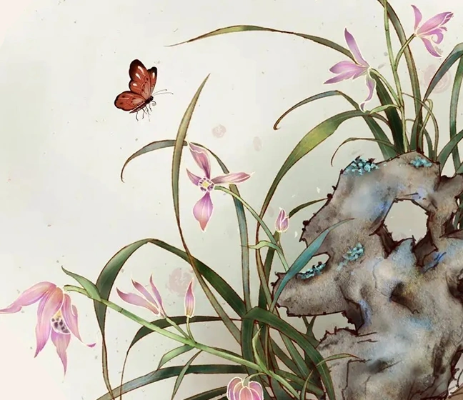 兰花与蝴蝶国风插画作品